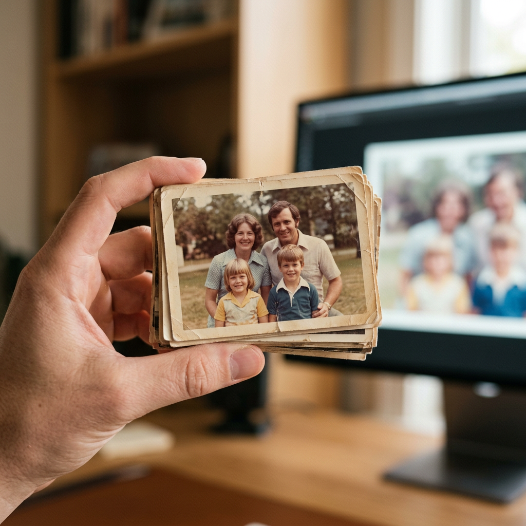 Lose Papierfotos werden für die Digitalisierung vorbereitet